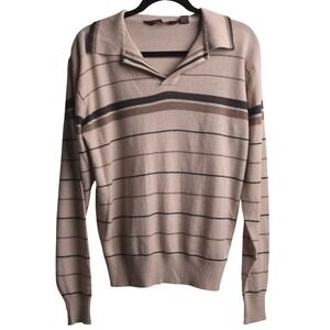 Classic Directions Mens L Vintage Striped Knit Polo Sweater Beige Brown Academia